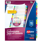 Avery® Ready Index® Dividers, 15 Tab Sets, Customizable Table of Contents, Multicolor Arched Tabs (11845)