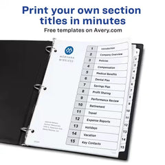 Avery® Ready Index® Dividers for 3 Ring Binders, 15 Tab Sets, Customizable Table of Contents, White Tabs, 3 Sets (11079)