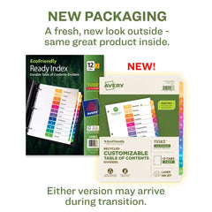 Avery® EcoFriendly Recycled Dividers, 12-Tab, Multicolor, Ready Index® Customizable Table of Contents, 3 Sets (11083)