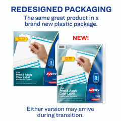 Avery® Print & Apply Clear Label Dividers, Index Maker® Easy Peel® Printable Labels for Copiers, 5 White Tabs, 5 Sets (11421)