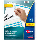 Avery® Print & Apply Clear Label Unpunched Dividers, Index Maker® Easy Apply™ Printable Label Strip, 5 White Tabs, 25 Sets (11443)