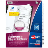 Avery® Ready Index® Dividers for 3 Ring Binders, 12 Tab Sets, Customizable Table of Contents, White Tabs (11140)
