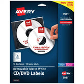 Avery® CD Labels, Matte White, Removable Adhesive, Laser & Inkjet Printers, 50 CD Labels & 100 Spine Labels (5931)