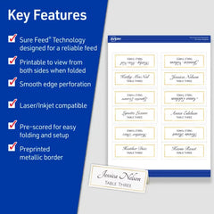 Avery® Gold Border Place Cards with Sure Feed® Technology, 1-7/16" x 3-3/4", White, 150 Printable Tent Card (35701)