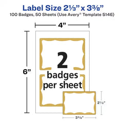Avery® Adhesive Name Badge Labels, 2-1/3" x 3-3/8", Gold Border, 100 Removable Name Badges (05146)
