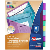 Avery® Big Tab™ Plastic 2 Pocket Insertable Tab Dividers, 8-Tab, Bright Two-Tone Multicolor, Works With Sheet Protectors (11989)