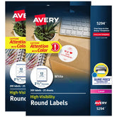 Avery® High Visibility Round Labels with Sure Feed™, 2-1/2" Diameter, White, 600 Labels Total (45294)