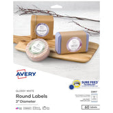 Avery® Round Labels with Sure Feed®, 2" Diameter, Glossy White, Laser & Inkjet Compatible, 60 Total (22817)