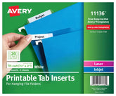Avery® Printable Tab Inserts for Hanging File Folders, 1/5 cut, 2" Pack of 100 (11136)