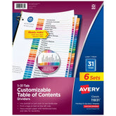 Avery® Ready Index® 1-31 Dividers, 31 Tab Sets, Customizable Table of Contents, Multicolor Tabs, 6 Sets (11831)