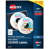Avery® CD Labels, Matte White, Permanent Adhesive, Inkjet Printers, 100 CD Labels & 200 Spine Labels (8691)