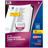 Avery® Ready Index® 1-31 Dividers, 31 Tab Sets, Customizable Table of Contents, White Tabs, 6 Sets (11827)