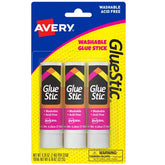 Avery(R) Glue Stick, White, 0.26 oz., Washable, 3 Permanent Glue Sticks (00164)