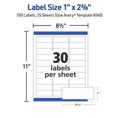 Avery&reg; Easy Peel&reg; Address Labels with Sure Feed&reg;, 1" x 2-5/8", White, 750 Blank Mailing Labels (8160)