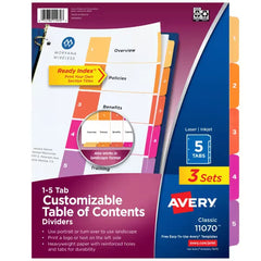Avery&reg; Ready Index&reg; Dividers, 5 Tab Sets, Customizable Table of Contents, Multicolor Tabs, 3 Sets (11070)