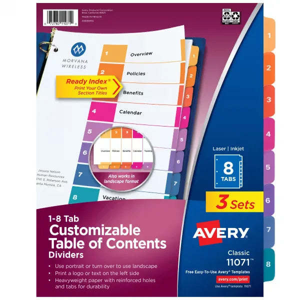 Avery&reg; Ready Index&reg; Dividers, 8 Tab Sets, Customizable Table of Contents, Multicolor Tabs, 3 Sets (11071)