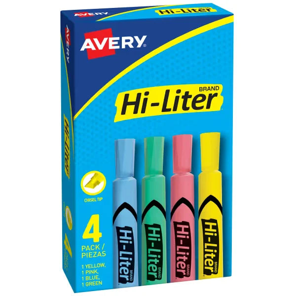Avery(R) Hi-Liter(R) Desk-Style Highlighters, SmearSafe(R), Chisel Tip, 4 Assorted Color Highlighters (17752)
