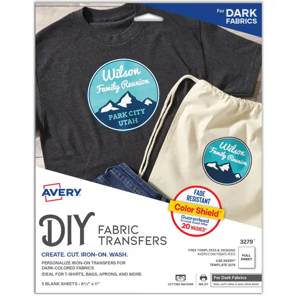 Avery&reg; Fabric Transfers for Dark Fabrics, 8-1/2" x 11", Inkjet Printer Compatible, 5 Matte Sheets (3279)