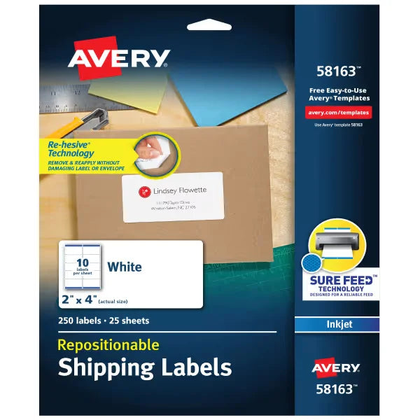 Avery&reg; Repositionable Shipping Labels, Sure Feed&trade; Technology, Repositionable Adhesive, 2" x 4", 250 Labels (58163)