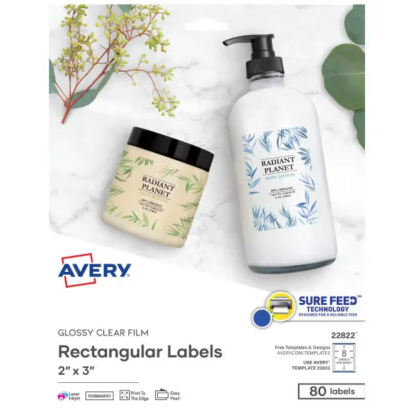 Avery&reg; 2" x 3" Rectangle Labels with Sure Feed&trade;, 80 Labels, Permanent Adhesive, Glossy Clear (22822)