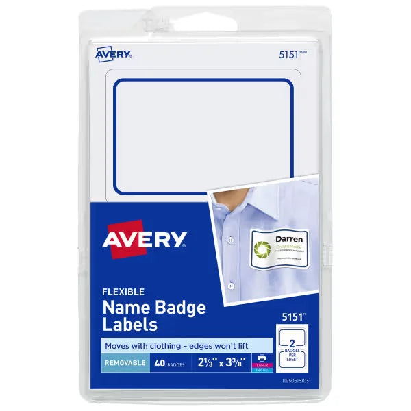 Avery&reg; Flexible Adhesive Name Badge Labels, 2-1/3" x 3-3/8", Blue Border, 40 Removable Name Badges (05151)