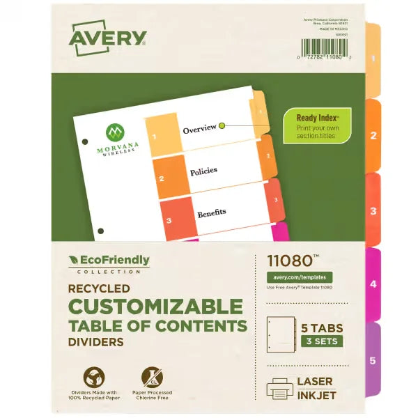 Avery&reg; EcoFriendly Recycled Dividers, 5-Tab, Multicolor, Ready Index&reg; Customizable Table of Contents, 3 Sets (11080)