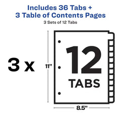 Avery&reg; Ready Index&reg; Dividers for 3 Ring Binders, 12 Tab Sets, Customizable Table of Contents, White Tabs, 3 Sets (11078)