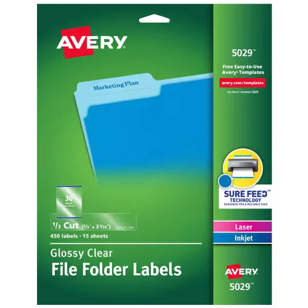 Clear Self-Adhesive Filing Labels, Permanent Adhesive, Glossy Clear, 2/3” x 3-7/16”, 450 Labels (5029)