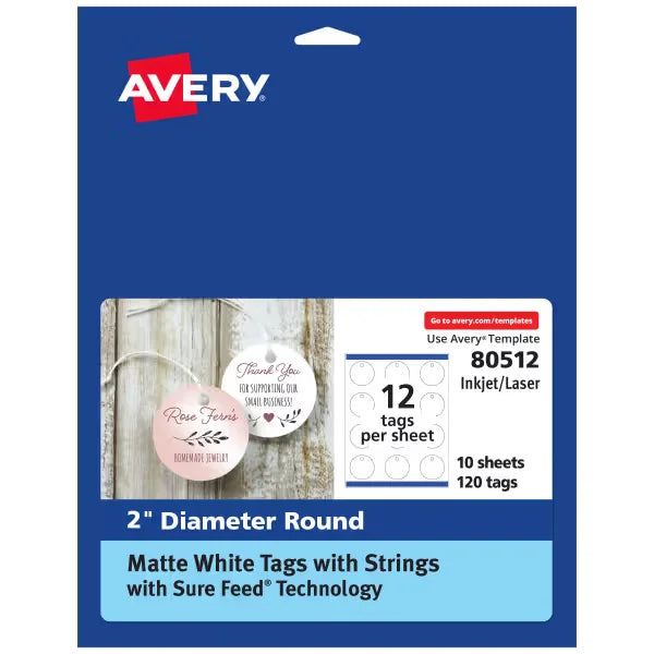 Avery&reg; Round Tags with Sure Feed&reg; Technology, 2" Diameter, Matte White, 120 Round Tags with Strings, Print-to-the-Edge, Laser/Inkjet Printable Tags (80512)