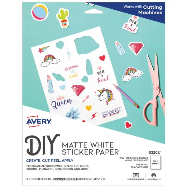 Avery Sticker Paper, 8-1/2" x 11", Matte White, Repositionable, Laser/Inkjet Compatible, 5 Full-Size Sheets (53202)