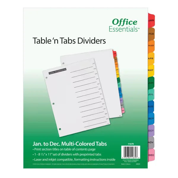 Office Essentials Table 'n Tabs Jan-Dec Dividers, 12-Tab Set, White Paper, Multicolored Tabs, 1 Binder Divider Set (11679)