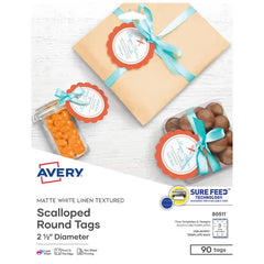 Avery&reg; Scallop Round Tags with Sure Feed, 2-1/2" Diameter, Textured White, 90 Tags (80511)