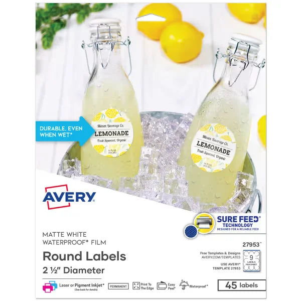 Avery&reg; Durable Waterproof Round Labels with Sure Feed Technology, 2.5" Diameter, Laser/Pigment-Inkjet, 45 Labels (27953)