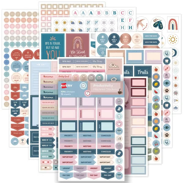 Avery&reg; Productivity Planner Sticker Pack, 15 Sheets, 1,094 Planner Stickers (6777)