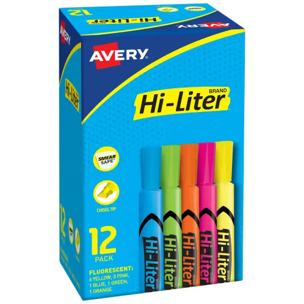 Avery(R) Hi-Liter(R) Desk-Style Highlighters, SmearSafe(R), Chisel Tip, 12 Assorted Color Highlighters (98034)