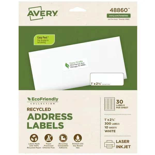 Avery&reg; EcoFriendly Recycled Address Labels, 1" x 2-5/8", White, Permanent, 300 Printable Labels (48860)
