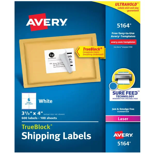 Avery&reg; Printable Shipping Labels with Sure Feed&reg;, 3-1/3" x 4", White, 600 Blank Mailing Labels for Laser Printers (5164)