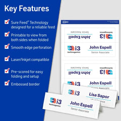 Avery&reg; Printable Tent Cards with Sure Feed&reg; Technology, 2-1/2" x 8-1/2", Matte White with Embossed Border, 100 Blank Place Cards for Laser and Inkjet Printers (5305)