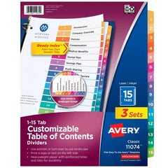 Avery&reg; Ready Index&reg; Dividers, 15 Tab Sets, Customizable Table of Contents, Multicolor Tabs, 3 Sets (11074)