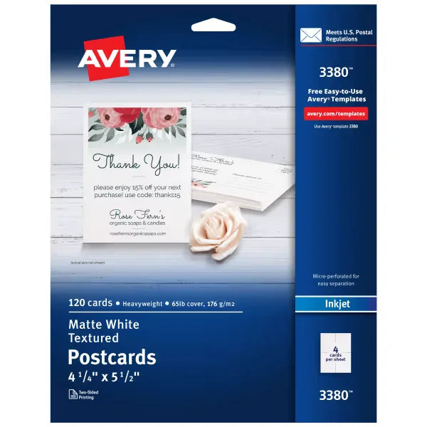 Avery&reg; Postcards, 3" x 5", Matte White, Inkjet Printer Compatible, 120 Total (3380)