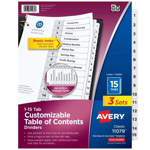 Avery&reg; Ready Index&reg; Dividers for 3 Ring Binders, 15 Tab Sets, Customizable Table of Contents, White Tabs, 3 Sets (11079)