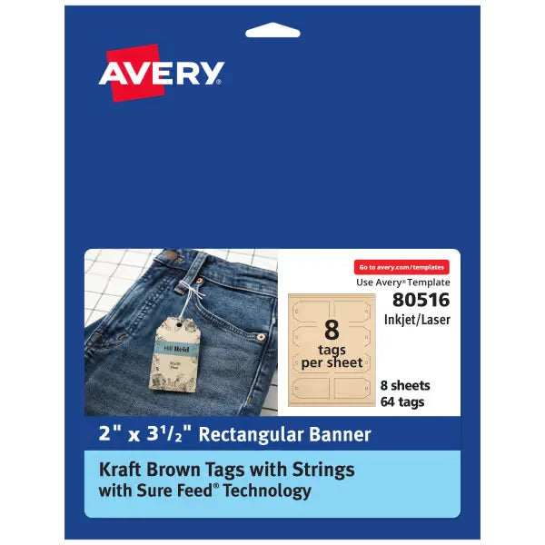 Avery&reg;  Kraft Brown Banner Tags with Sure Feed&reg;  Technology, 2" x 3.5", Laser/Inkjet, 64 Tags with Strings (80516)