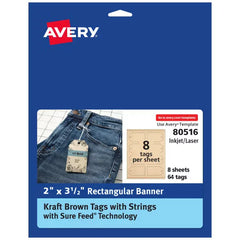Avery&reg;  Kraft Brown Banner Tags with Sure Feed&reg;  Technology, 2" x 3.5", Laser/Inkjet, 64 Tags with Strings (80516)