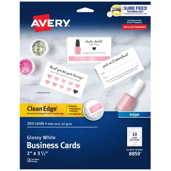 Avery&reg; Clean Edge&reg; Business Cards with Sure Feed Technology, 2" x 3-1/2", Glossy White, 200 Blank Cards (08859)