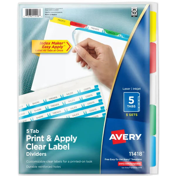 Avery&reg; Print & Apply Clear Label Dividers, Index Maker&reg; Easy Apply&trade; Printable Label Strip, 5 Multicolor Tabs, 5 Sets (11418)