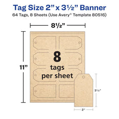 Avery&reg;  Kraft Brown Banner Tags with Sure Feed&reg;  Technology, 2" x 3.5", Laser/Inkjet, 64 Tags with Strings (80516)