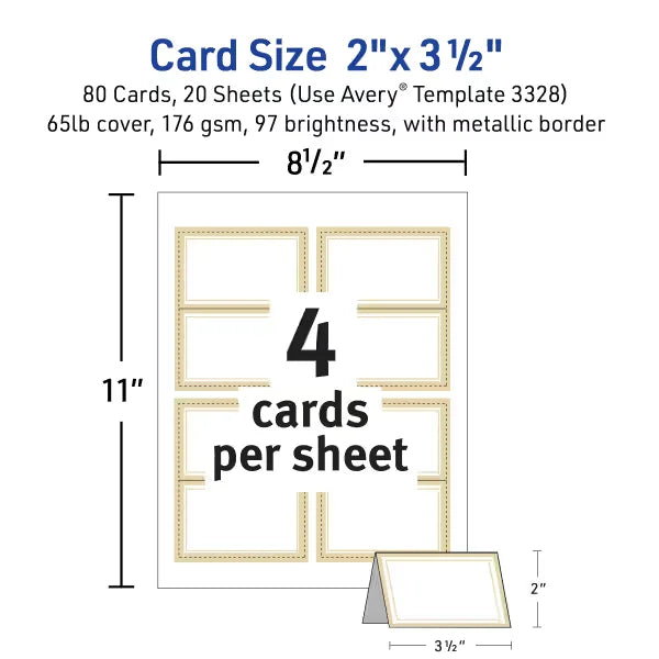 Avery&reg; Tent Cards with Metallic Gold Border, 2" x 3-1/2", White, 80 Printable Place Cards (3328)