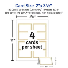 Avery&reg; Tent Cards with Metallic Gold Border, 2" x 3-1/2", White, 80 Printable Place Cards (3328)
