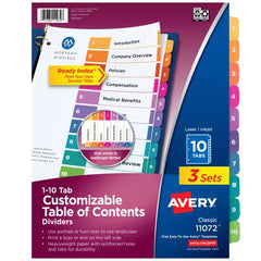 Avery&reg; Ready Index&reg; Dividers, 10 Tab Sets, Customizable Table of Contents, Multicolor Tabs, 3 Sets (11072)