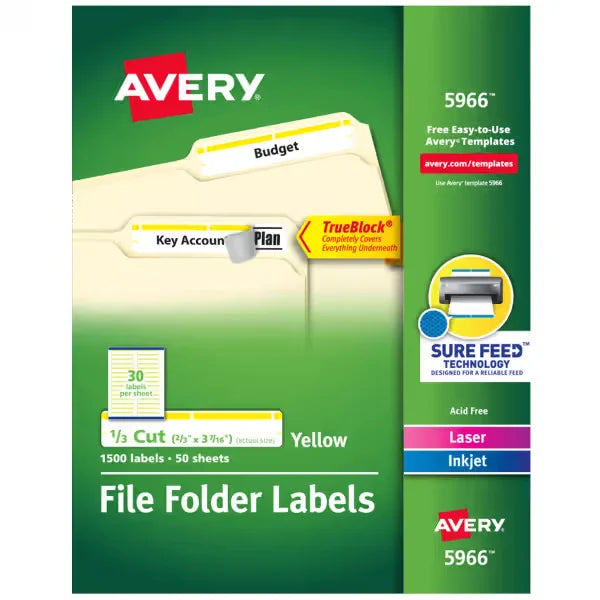 TrueBlock® File Folder Labels, 2/3” x 3-7/16”, 1,500 Printable Labels, Permanent Adhesive, White/Yellow (5966)